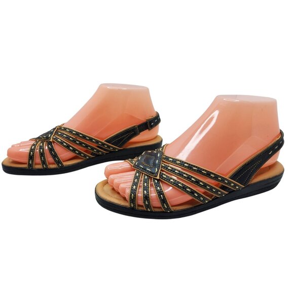 Women's Soft Spots Slingback Black/ Tan Low Wedge Sandals Size 6 M - Picture 2 of 8